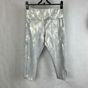 Zyia Active Leggings Silver Camo Light n Tight Hi-Rise Metallic Size 8-10 Pocket